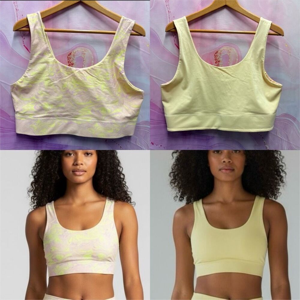 Fabletics Pastel Yellow Pink Marbled Reversible Sports Bra 40-42 Sporty Athletic